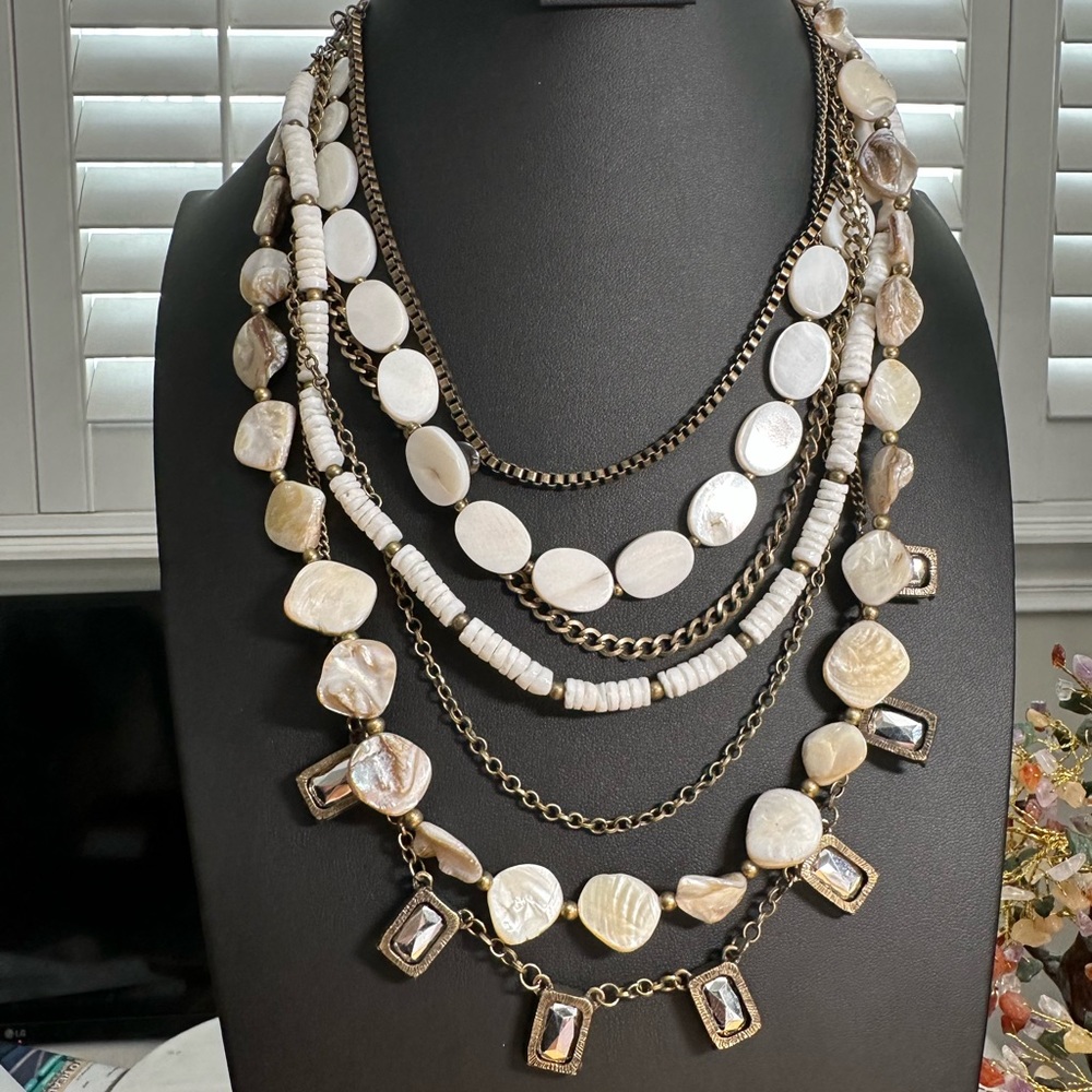 Chico’s NWT seven strand statement, necklace, antique, gold white beige crystals